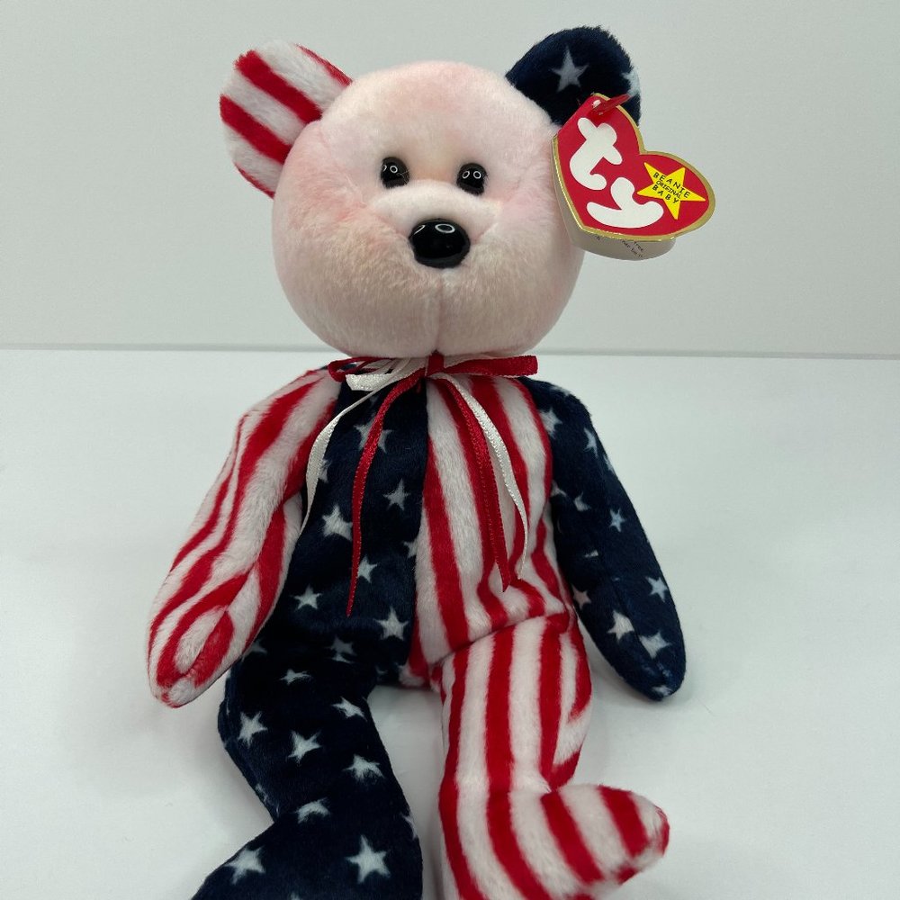 RETIRED TY BEANIE BABY~SPANGLE THE USA AMERICAN FLAG TEDDY BEAR 8"~PINK HEAD